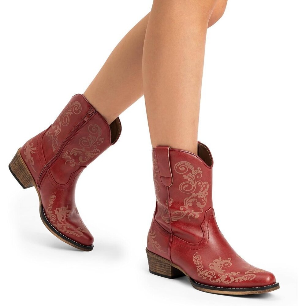🆕 Red Faux Leather Women's Cowboy Cowgirl Western Ankle Boots Chunky Low Heel - Picture 3 of 7